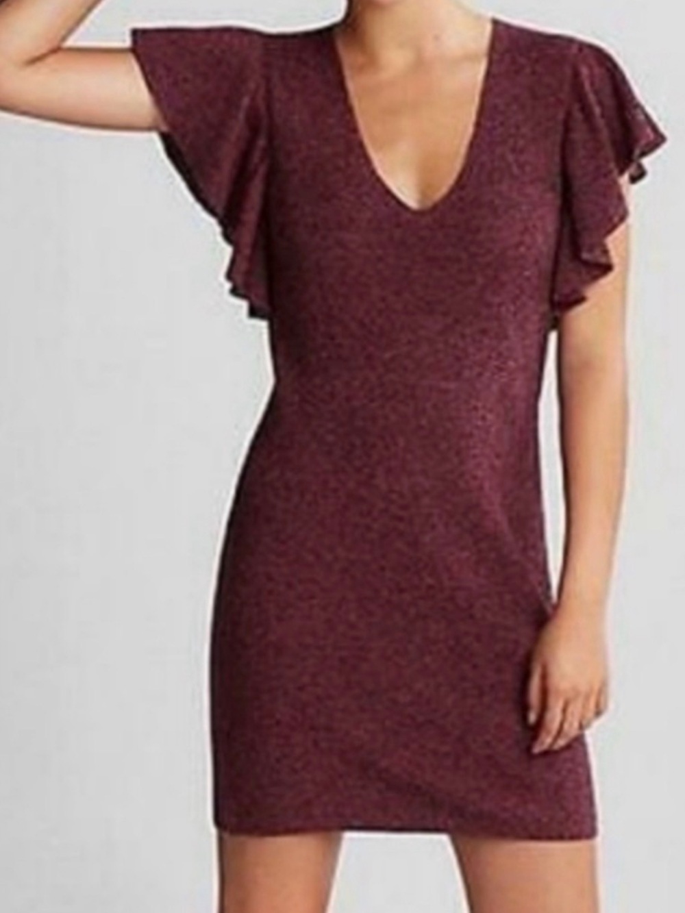NWT Express Knit Crochet Sweater Mini Dress Plum Ruffle Short Sleeve Sz M